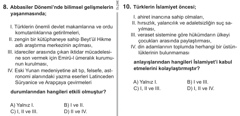 9, 10, 11. Sınıf Sosyal Bilgiler 2018 İOKBS Bursluluk Sınavı 8. Soru görseli