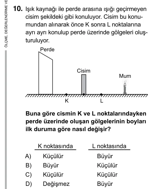 5. Sınıf Fen Bilimleri 2019 İOKBS Bursluluk Sınavı 10. Soru görseli