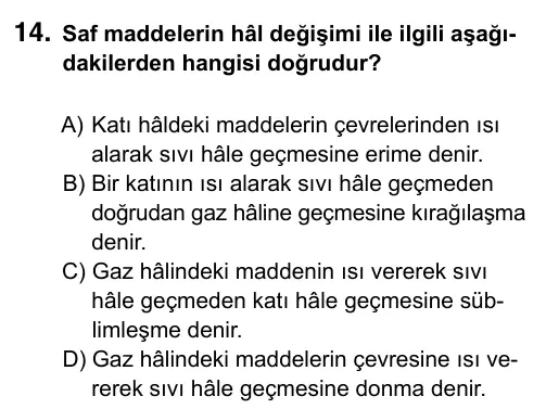 5. Sınıf Fen Bilimleri 2019 İOKBS Bursluluk Sınavı 14. Soru görseli