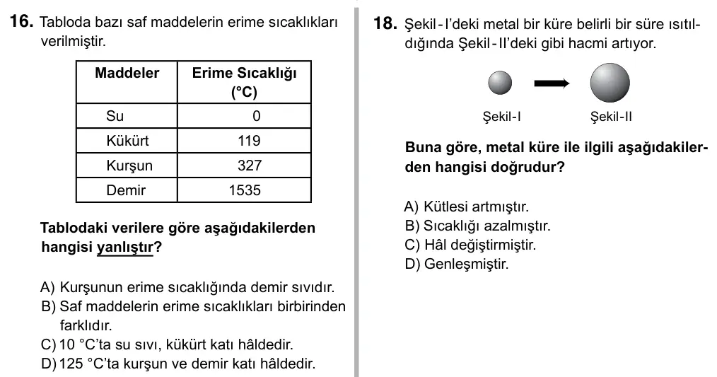 5. Sınıf Fen Bilimleri 2019 İOKBS Bursluluk Sınavı 16. Soru görseli