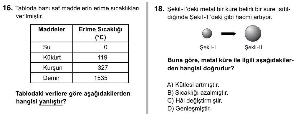 5. Sınıf Fen Bilimleri 2019 İOKBS Bursluluk Sınavı 18. Soru görseli