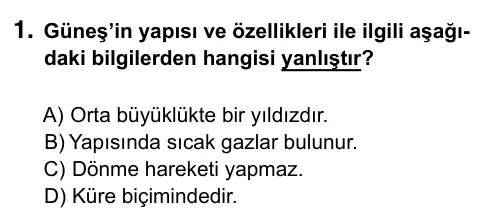 5. Sınıf Fen Bilimleri 2019 İOKBS Bursluluk Sınavı 1. Soru görseli