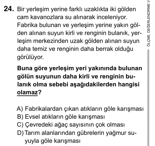 5. Sınıf Fen Bilimleri 2019 İOKBS Bursluluk Sınavı 24. Soru görseli