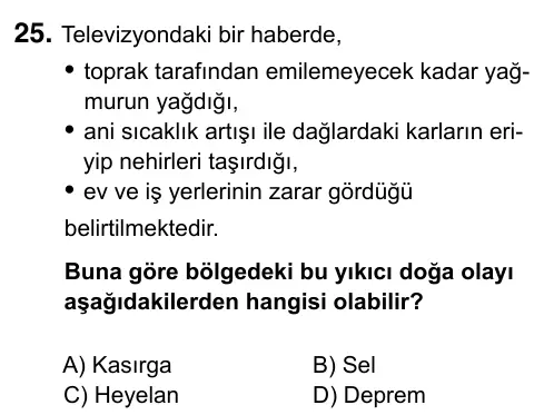5. Sınıf Fen Bilimleri 2019 İOKBS Bursluluk Sınavı 25. Soru görseli