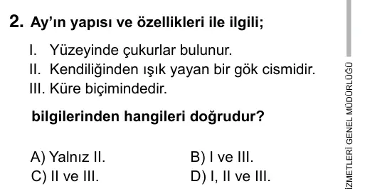 5. Sınıf Fen Bilimleri 2019 İOKBS Bursluluk Sınavı 2. Soru görseli