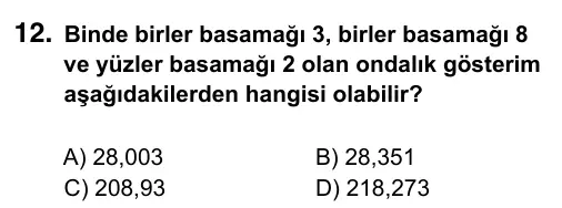 5. Sınıf Matematik 2019 İOKBS Bursluluk Sınavı 12. Soru görseli