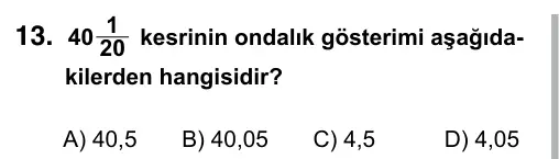 5. Sınıf Matematik 2019 İOKBS Bursluluk Sınavı 13. Soru görseli