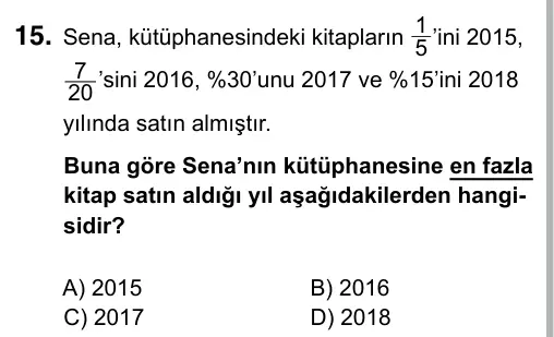 5. Sınıf Matematik 2019 İOKBS Bursluluk Sınavı 15. Soru görseli