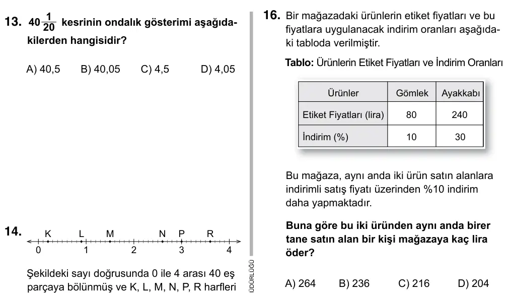5. Sınıf Matematik 2019 İOKBS Bursluluk Sınavı 16. Soru görseli