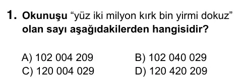5. Sınıf Matematik 2019 İOKBS Bursluluk Sınavı 1. Soru görseli