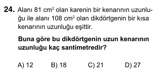 5. Sınıf Matematik 2019 İOKBS Bursluluk Sınavı 24. Soru görseli