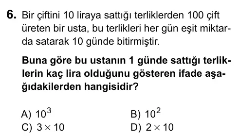 5. Sınıf Matematik 2019 İOKBS Bursluluk Sınavı 6. Soru görseli