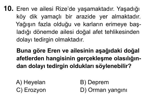 5. Sınıf Sosyal Bilgiler 2019 İOKBS Bursluluk Sınavı 10. Soru görseli