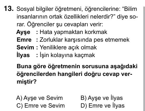 5. Sınıf Sosyal Bilgiler 2019 İOKBS Bursluluk Sınavı 13. Soru görseli
