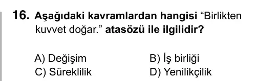 5. Sınıf Sosyal Bilgiler 2019 İOKBS Bursluluk Sınavı 16. Soru görseli