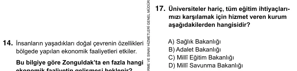 5. Sınıf Sosyal Bilgiler 2019 İOKBS Bursluluk Sınavı 17. Soru görseli