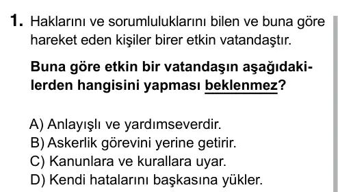 5. Sınıf Sosyal Bilgiler 2019 İOKBS Bursluluk Sınavı 1. Soru görseli