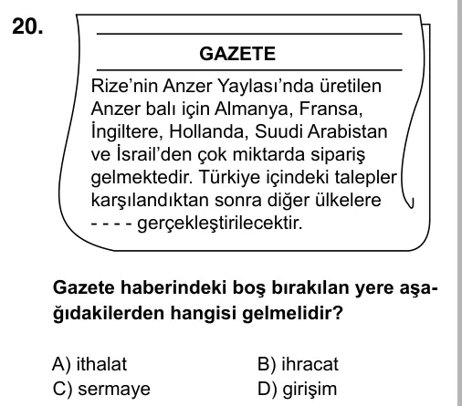 5. Sınıf Sosyal Bilgiler 2019 İOKBS Bursluluk Sınavı 20. Soru görseli (1/2)