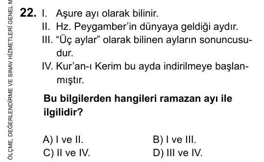5. Sınıf Sosyal Bilgiler 2019 İOKBS Bursluluk Sınavı 22. Soru görseli
