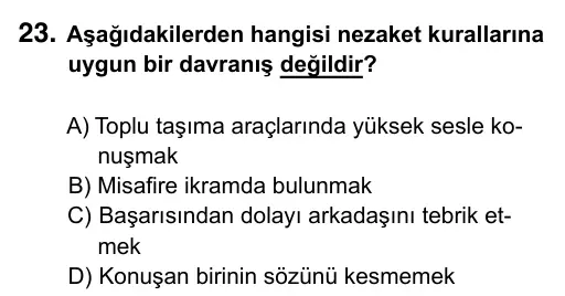 5. Sınıf Sosyal Bilgiler 2019 İOKBS Bursluluk Sınavı 23. Soru görseli
