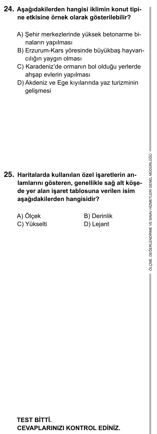 5. Sınıf Sosyal Bilgiler 2019 İOKBS Bursluluk Sınavı 25. Soru görseli (2/3)
