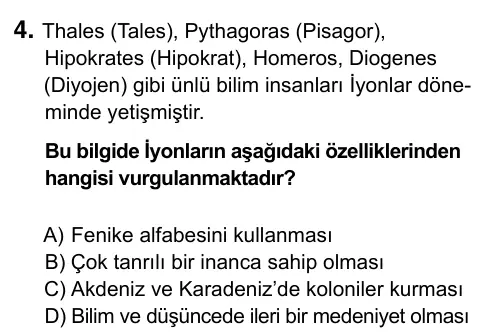5. Sınıf Sosyal Bilgiler 2019 İOKBS Bursluluk Sınavı 4. Soru görseli