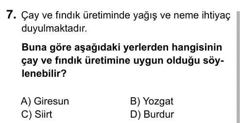 5. Sınıf Sosyal Bilgiler 2019 İOKBS Bursluluk Sınavı 7. Soru görseli