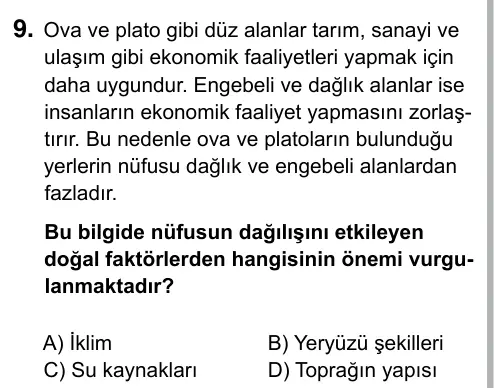 5. Sınıf Sosyal Bilgiler 2019 İOKBS Bursluluk Sınavı 9. Soru görseli