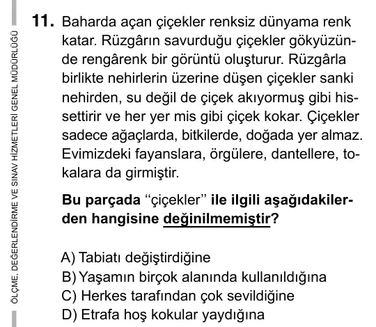 5. Sınıf Türkçe 2019 İOKBS Bursluluk Sınavı 11. Soru görseli
