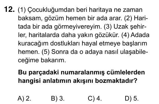 5. Sınıf Türkçe 2019 İOKBS Bursluluk Sınavı 12. Soru görseli