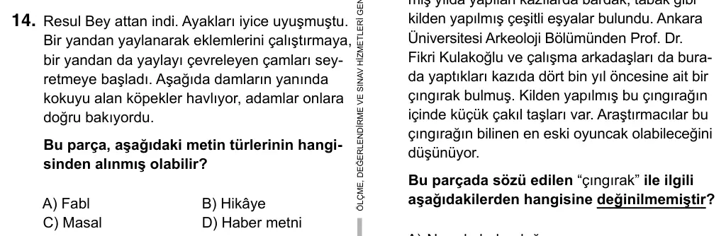 5. Sınıf Türkçe 2019 İOKBS Bursluluk Sınavı 14. Soru görseli