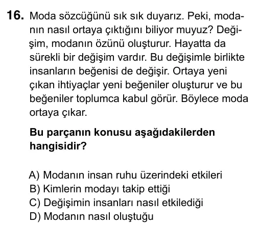 5. Sınıf Türkçe 2019 İOKBS Bursluluk Sınavı 16. Soru görseli