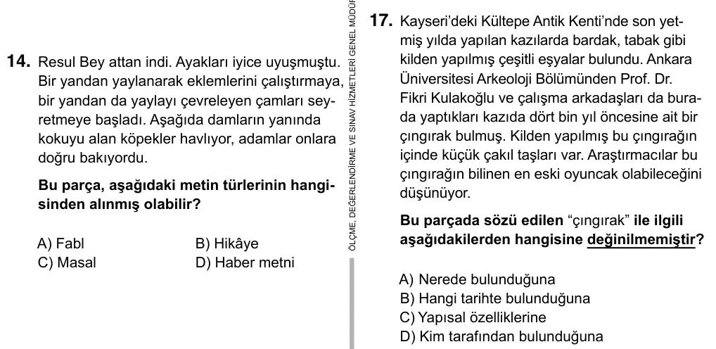 5. Sınıf Türkçe 2019 İOKBS Bursluluk Sınavı 17. Soru görseli