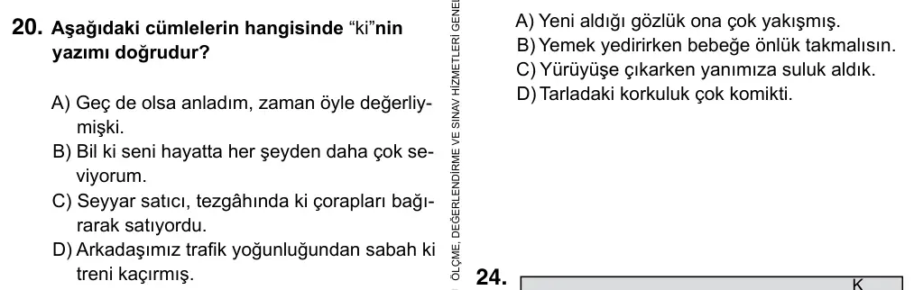 5. Sınıf Türkçe 2019 İOKBS Bursluluk Sınavı 20. Soru görseli