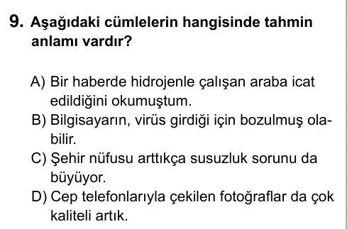 5. Sınıf Türkçe 2019 İOKBS Bursluluk Sınavı 9. Soru görseli