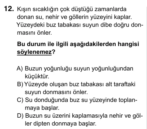 6. Sınıf Fen Bilimleri 2019 İOKBS Bursluluk Sınavı 12. Soru görseli