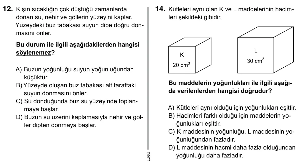 6. Sınıf Fen Bilimleri 2019 İOKBS Bursluluk Sınavı 14. Soru görseli