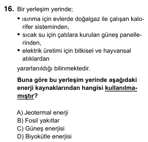 6. Sınıf Fen Bilimleri 2019 İOKBS Bursluluk Sınavı 16. Soru görseli