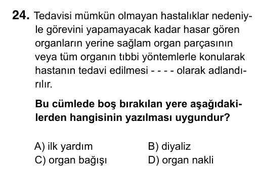 6. Sınıf Fen Bilimleri 2019 İOKBS Bursluluk Sınavı 24. Soru görseli