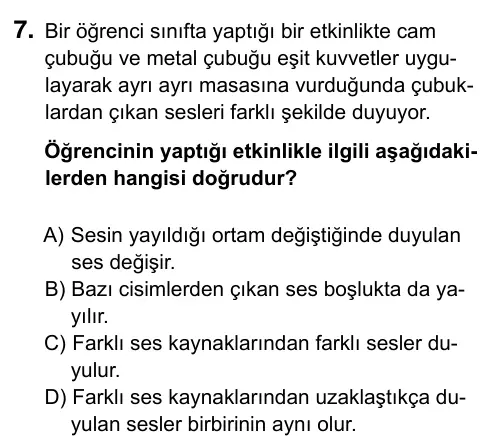 6. Sınıf Fen Bilimleri 2019 İOKBS Bursluluk Sınavı 7. Soru görseli
