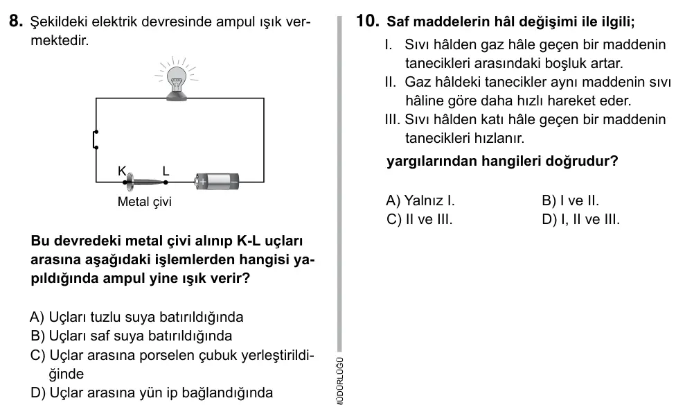 6. Sınıf Fen Bilimleri 2019 İOKBS Bursluluk Sınavı 8. Soru görseli