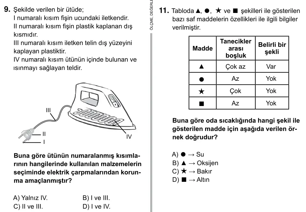 6. Sınıf Fen Bilimleri 2019 İOKBS Bursluluk Sınavı 9. Soru görseli