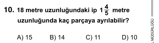 6. Sınıf Matematik 2019 İOKBS Bursluluk Sınavı 10. Soru görseli