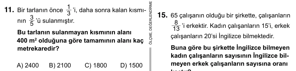 6. Sınıf Matematik 2019 İOKBS Bursluluk Sınavı 11. Soru görseli