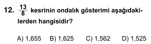 6. Sınıf Matematik 2019 İOKBS Bursluluk Sınavı 12. Soru görseli