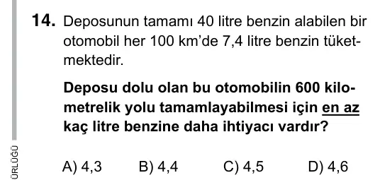 6. Sınıf Matematik 2019 İOKBS Bursluluk Sınavı 14. Soru görseli