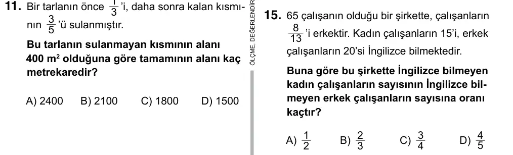 6. Sınıf Matematik 2019 İOKBS Bursluluk Sınavı 15. Soru görseli