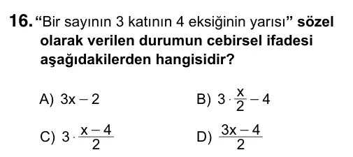 6. Sınıf Matematik 2019 İOKBS Bursluluk Sınavı 16. Soru görseli