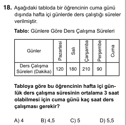 6. Sınıf Matematik 2019 İOKBS Bursluluk Sınavı 18. Soru görseli
