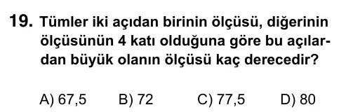 6. Sınıf Matematik 2019 İOKBS Bursluluk Sınavı 19. Soru görseli